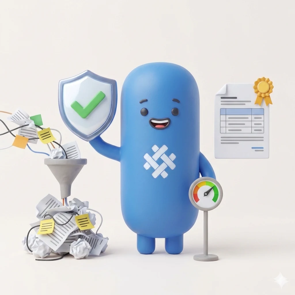 The blue Weave mascot holds a shield with a check mark while messy papers become one clean structured document