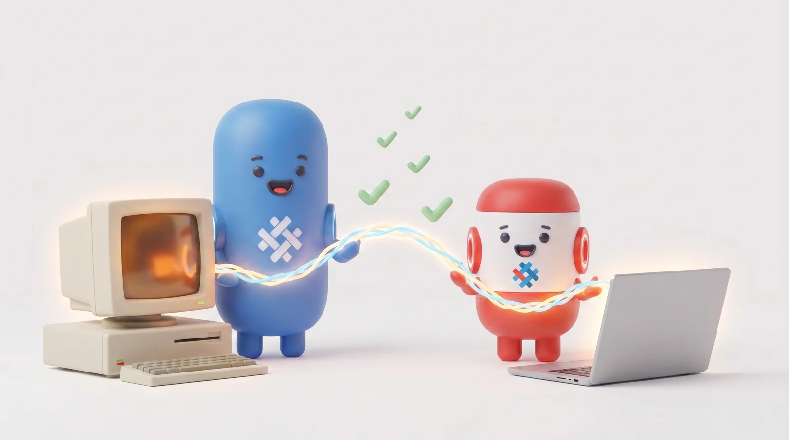 The Weave mascots hold a glowing woven thread connecting an old beige desktop computer to a modern laptop