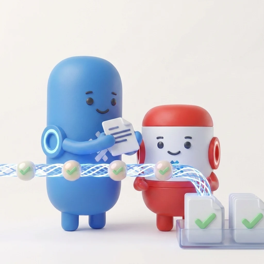 The Weave mascots pass documents along a glowing thread with checkpoints, into a tray of completed work