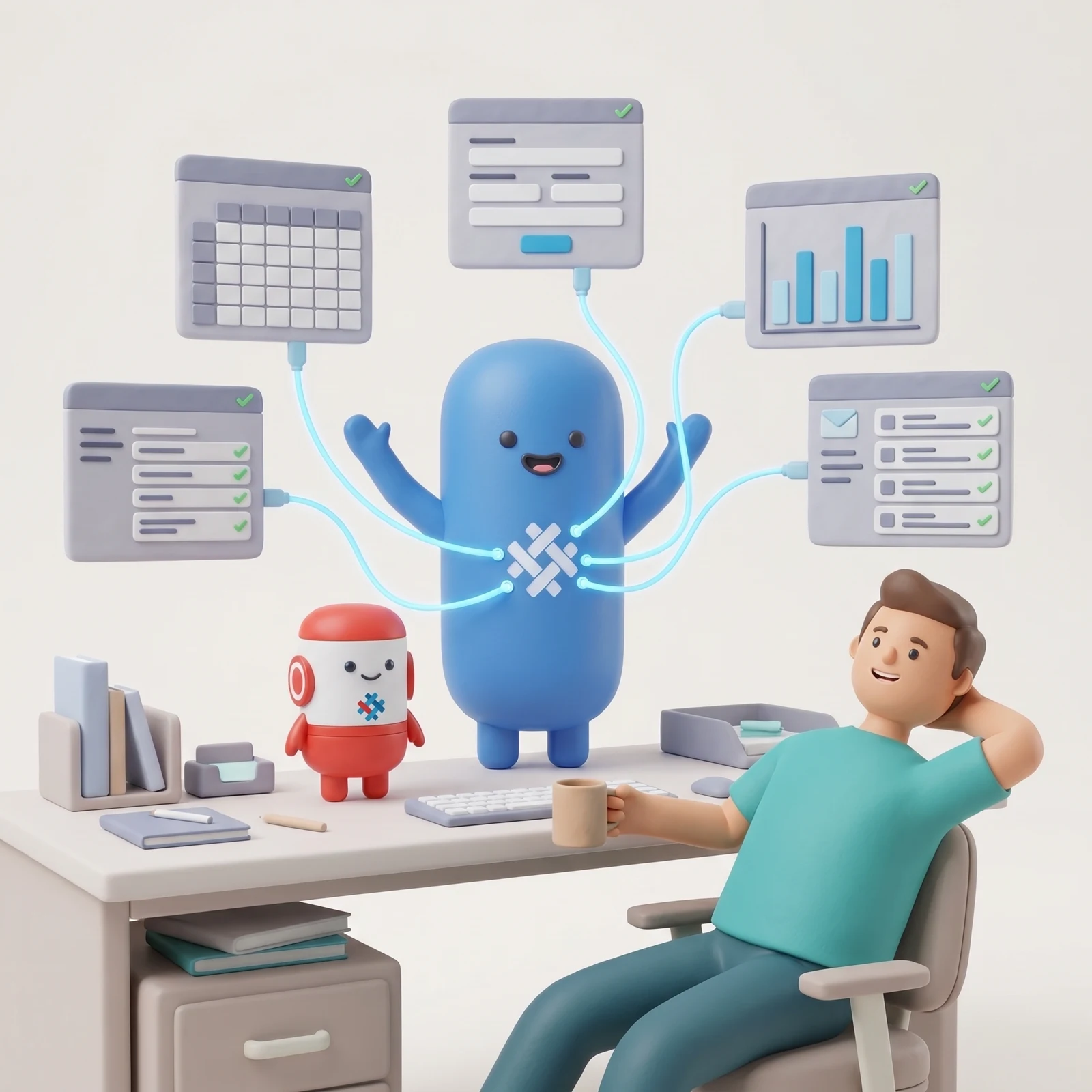 The Weave mascot stands on a desk weaving glowing threads between the software windows an office worker already uses, while the worker leans back with a coffee