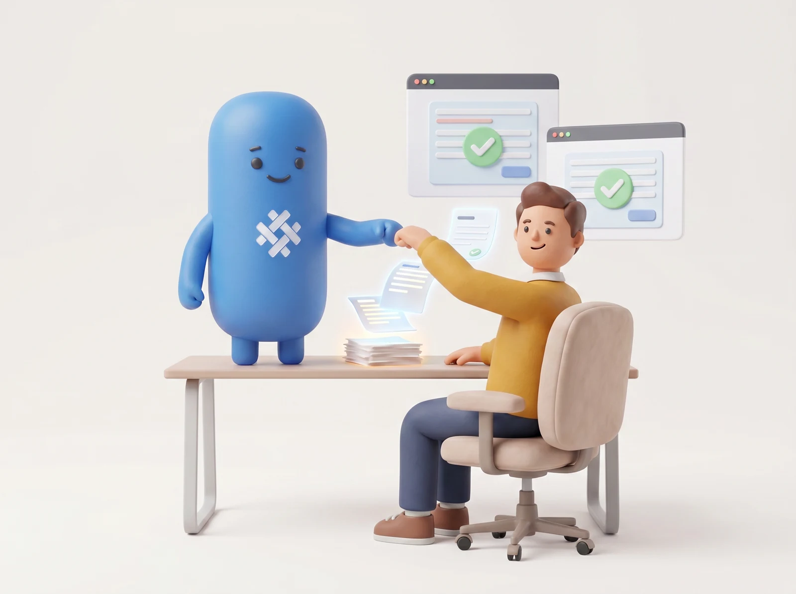An office worker fist-bumps the Weave mascot while screens behind them show completed, checked-off work